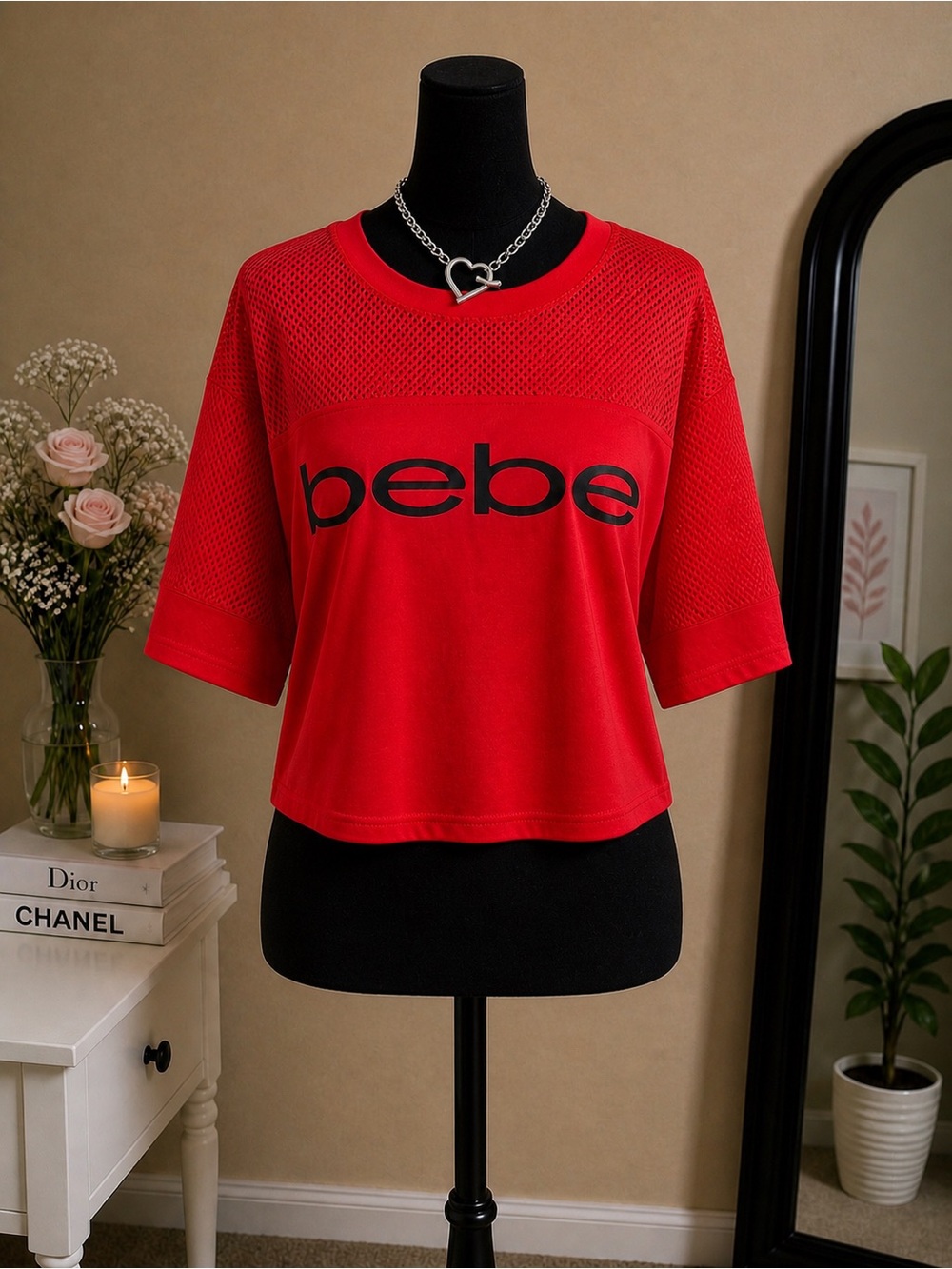 Bebe mesh logo tee red short sleeve top size S Y2K sporty clubwear